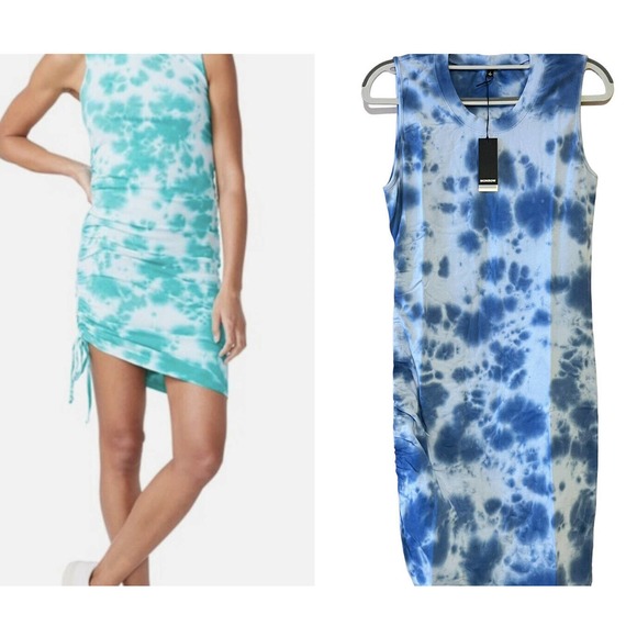 MONROW •L• Black Out Tie Dye Tank Dress Shirred Ruched Light Navy Blue NEW! - Picture 1 of 9